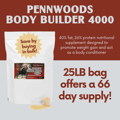 Pennwoods Body Builder 4000, Horse Weight Gain Supplement, High Fat and Energy Horse Weight Builder with Body Conditioning Horse Vitamins, Improves Hoof Quality - 25 LB Bag