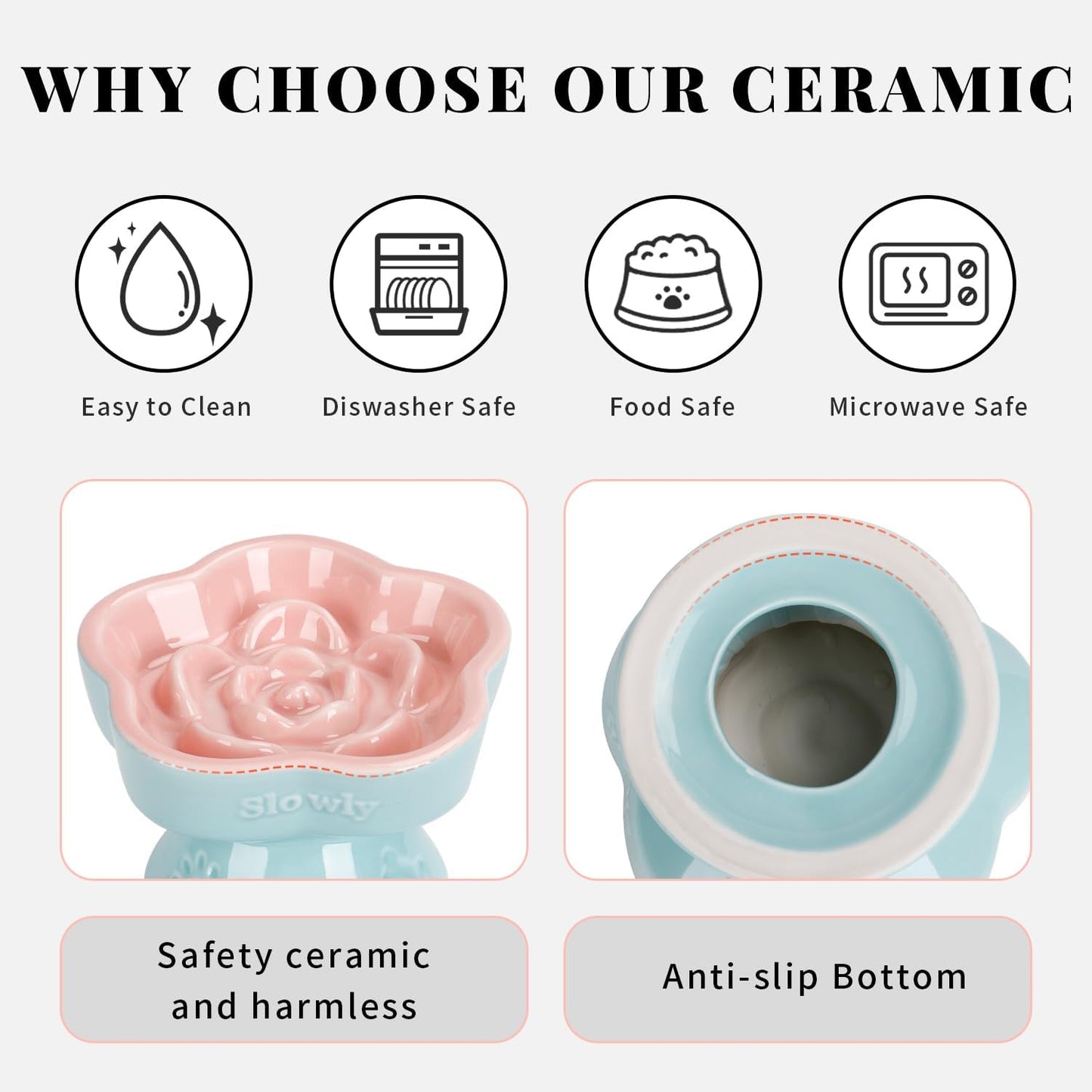 S&Q's CERAMICS Raised Slow Feeder Cat Bowl, Ceramic Elevated and Titled Glass Food Bowl Small Dogs Slow Feeder, Flower Shaped Cute Cat Dish for Dry and Wet Food (Pink, 5.8")