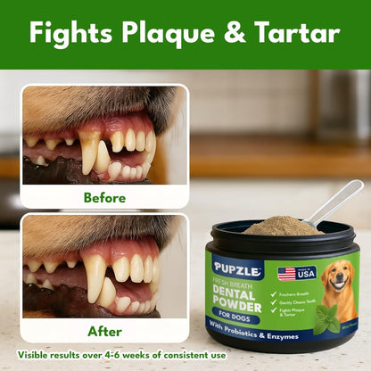 Pupzle Dog Teeth Cleaning Powder for Fresh Breath, Dog Dental Powder, Tartar & Plaque Focused, Natural Breath Freshener, Pet Dental Supplement with Probiotics for Gut Health, Mint, 60 Days Supply