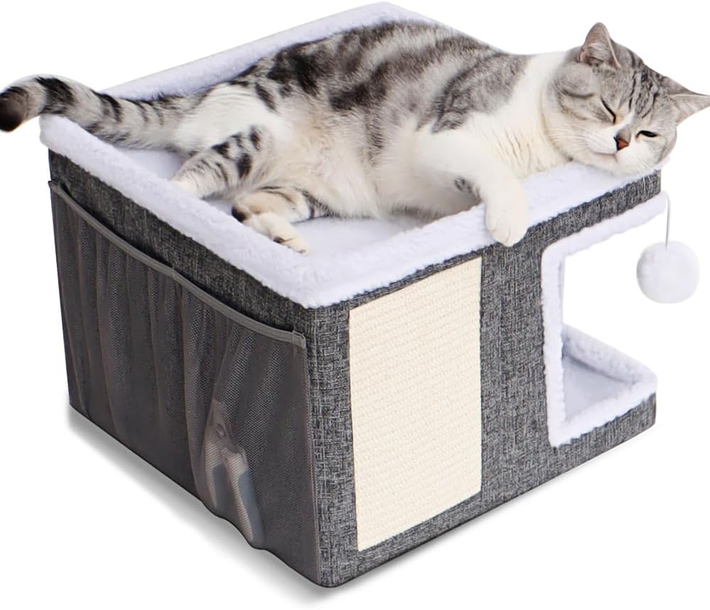 Beds for Indoor Cats,Large Cat Cave for Pet Cat House with Fluffy Ball Hanging and Scratch Pad,Side with Toy Storage Bag,Non-Slip Bottom