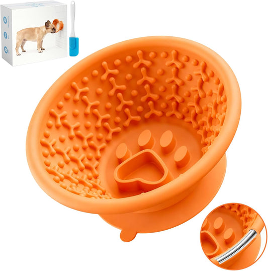 Dog Lick Bowl, Silicone Slow Feeder Dog Bowls with Non-Slip Suction Base and Steel-Reinforced Rim, Anxiety-Relief Feeding Solution for Medium & Large Breeds (Orange)