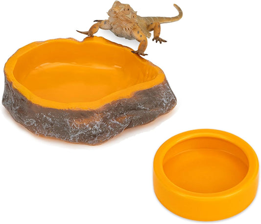2-Pack Reptile Water Dish, Food Bowl Set - Natural Rock Design Snake Water Bowl, Leakproof Resin Feeder for Bearded Dragons, Turtles, Geckos, Snakes | Terrarium Decor Essentials