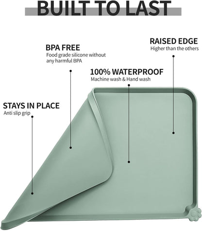 Waterproof Pet Feeding Mat with High Raised Edges, Heavier and Thicker Placemats for Cat Dog Water Bowl with BPA Free, Dogs Cats Food Mats for Messy Drinkers to Prevent Spill and Protect Floors