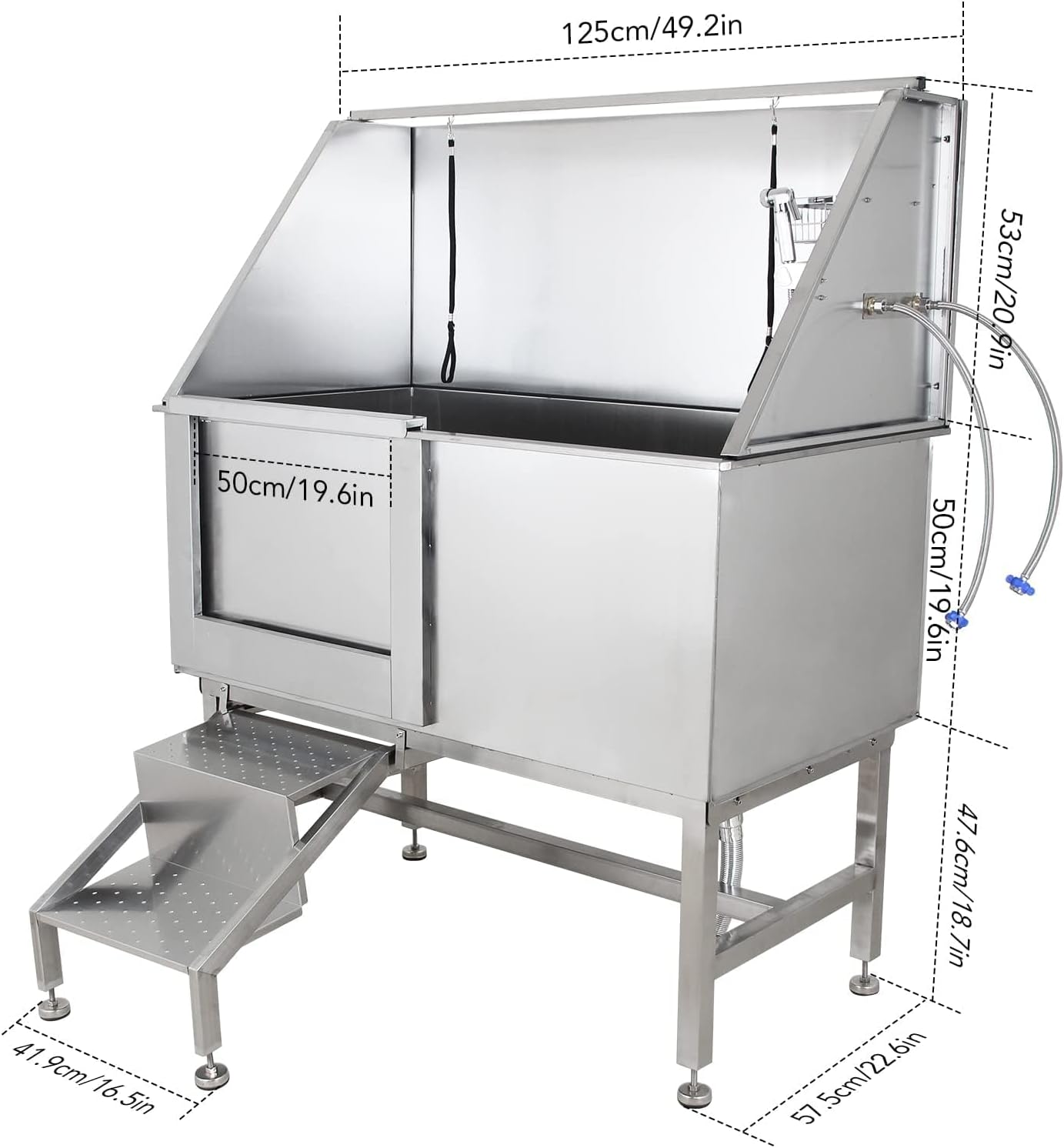 Towallmark 50" Dog Grooming Bathing Station, Professional Stainless Steel Pet Grooming Tub w/Removable Ramp, Storage Drawer, Floor Grate, Stairs Faucet, Dog Bathtub for Large, Medium & Small Pets
