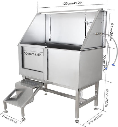 Towallmark 50" Dog Grooming Bathing Station, Professional Stainless Steel Pet Grooming Tub w/Removable Ramp, Storage Drawer, Floor Grate, Stairs Faucet, Dog Bathtub for Large, Medium & Small Pets