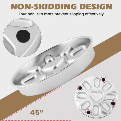 Slow Feeder Dog Bowls with Measuring Spoon, Stainless Steel Slow Feeder for Small & Medium Dogs, Non-Slip Silicone Base Pet Bowl for Fast Eaters, Anti-Gulping Dog Bowl(COLOR:silver)