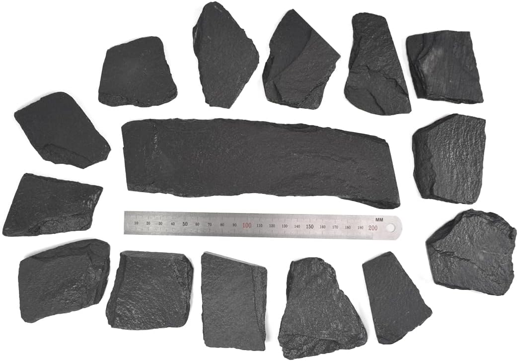 Natural Slate Stone Rocks, Mix of Stones 2 to 3 inches and 1 Piece About 8 inches - for Aquariums and Terrariums, Aquascaping (3 Pounds)