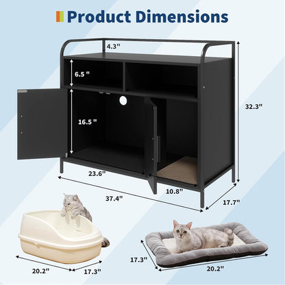 GAOMON Modern Cat Litter Box Enclosure with Metal Frame, Hidden Cat Litter Box Side Table with Dual Storage Shelves, Multi-Functional Indoor Cat House Cabinet for Living Room & Bedroom, Black