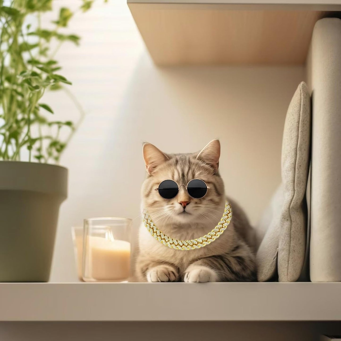 Dog Sunglasses with Rhinestone Diamond Chain Necklace, Cool Glasses Dog Collar Necklace for Cats Dogs Doll, Metal Sunglasses Gold Chain Funny Cute Costumes for Small Pet Holiday Party Costume