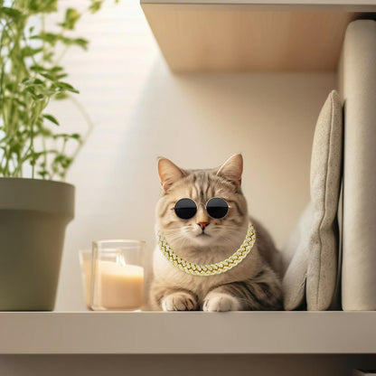 Dog Sunglasses with Rhinestone Diamond Chain Necklace, Cool Glasses Dog Collar Necklace for Cats Dogs Doll, Metal Sunglasses Gold Chain Funny Cute Costumes for Small Pet Holiday Party Costume