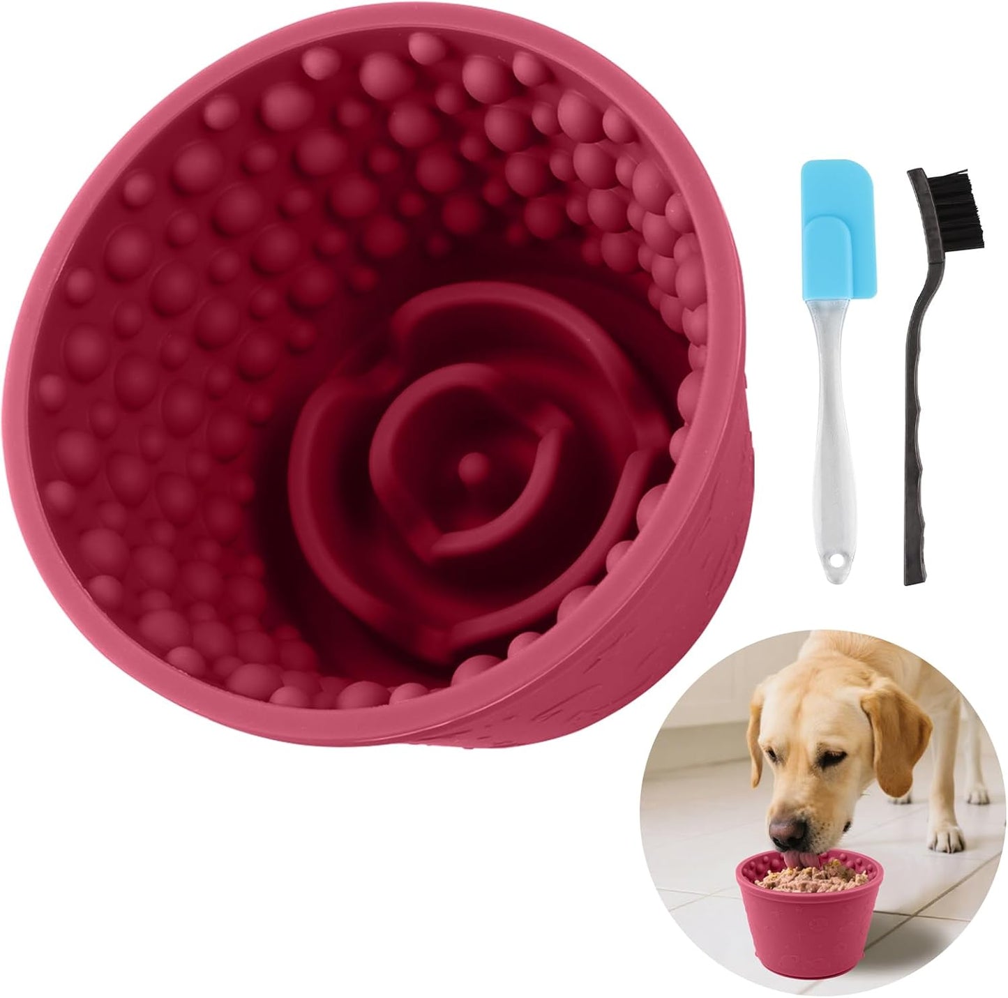 Dog Slow Feeder Lick Bowl - Non-Slip Licking Treat Dispenser for Small Medium Large Dogs, Promotes Anxiety Relief & Prevents Choking, Easy to Clean Feeding Bowl (Wine Red, L)