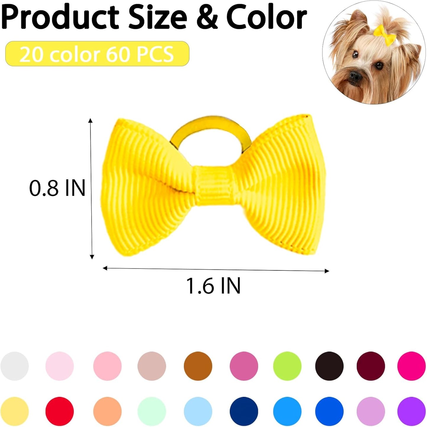 60 PCS Puppy Dog Bows with Rubber Bands Cute Small Hair Accessories Bow Pet Grooming (20 Colors x 3)