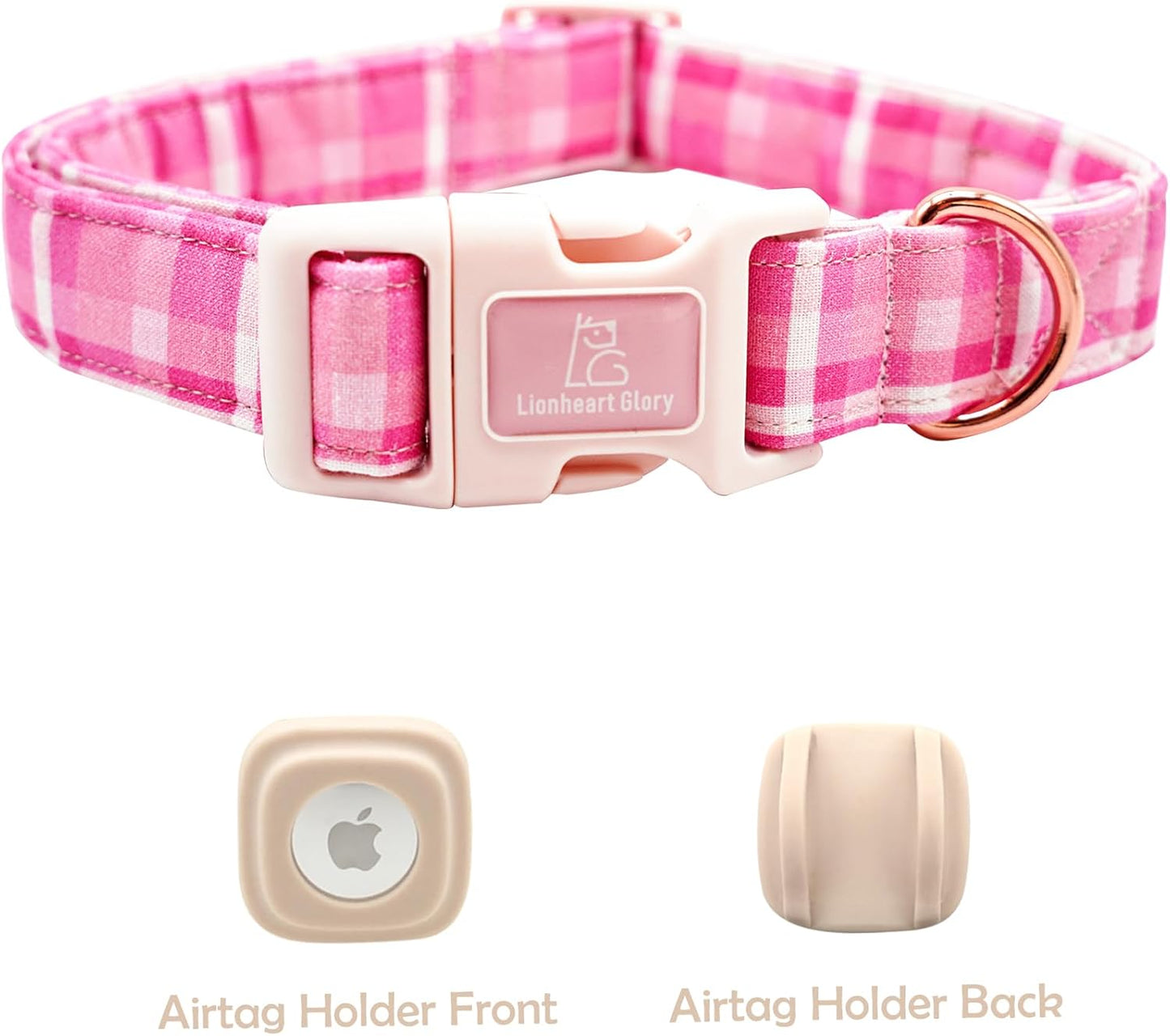 Lionheart Glory Pink Plaid Adjustable Dog Collar with Airtag Holder for Small Dogs
