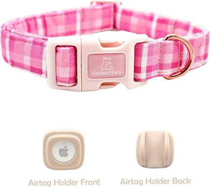 Lionheart Glory Pink Plaid Adjustable Dog Collar with Airtag Holder for Small Dogs