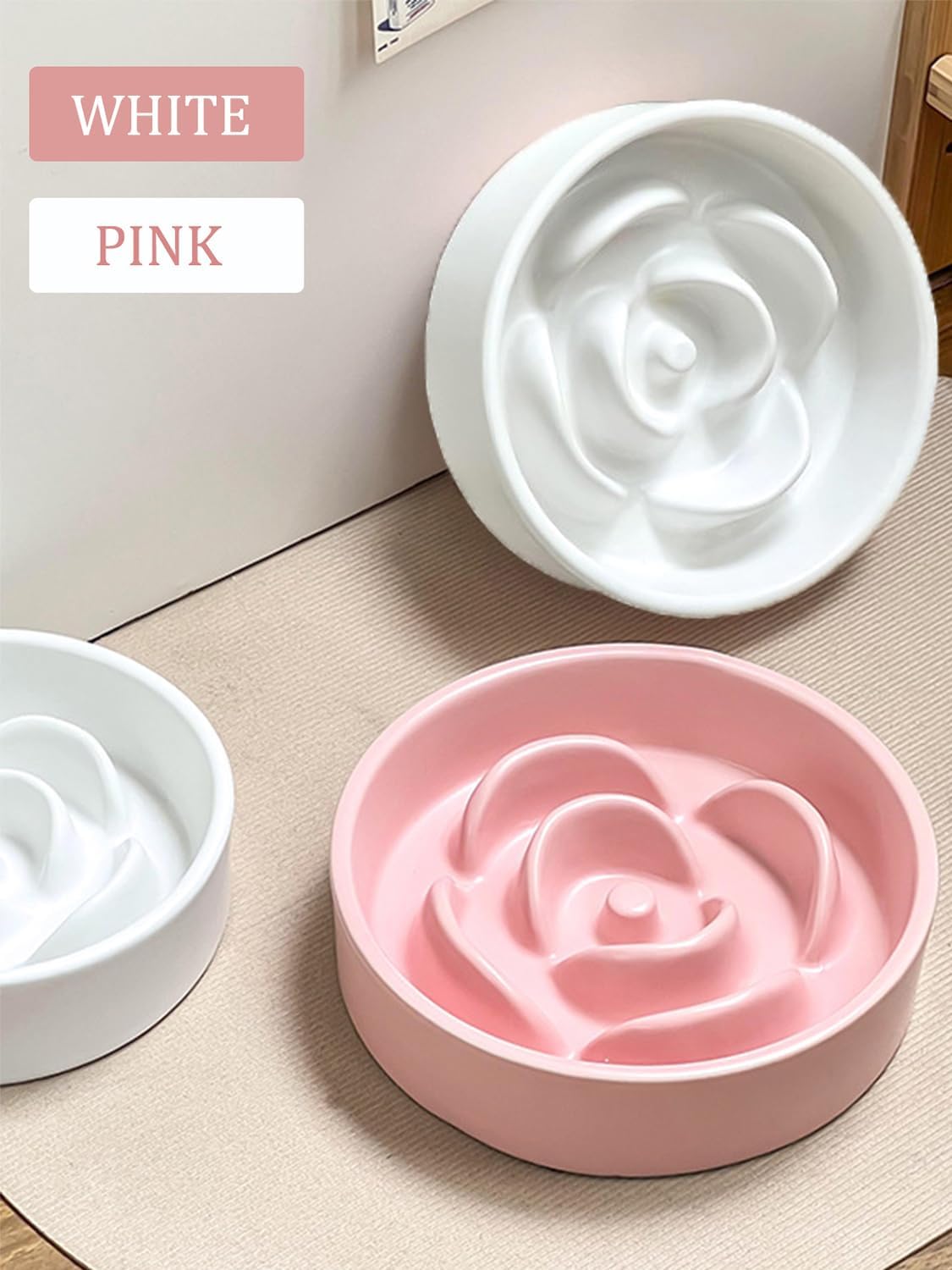 Ceramic Slow Feeder Cat Bowl, 6.1 Inch Pink Pet Food Dish for Small Dogs Puppies, Non-Slip Anti-Gulping Ceramic Dog Food Bowl, Cute Flower Design, 11.4oz Puppy Kitten Feeding Bowl