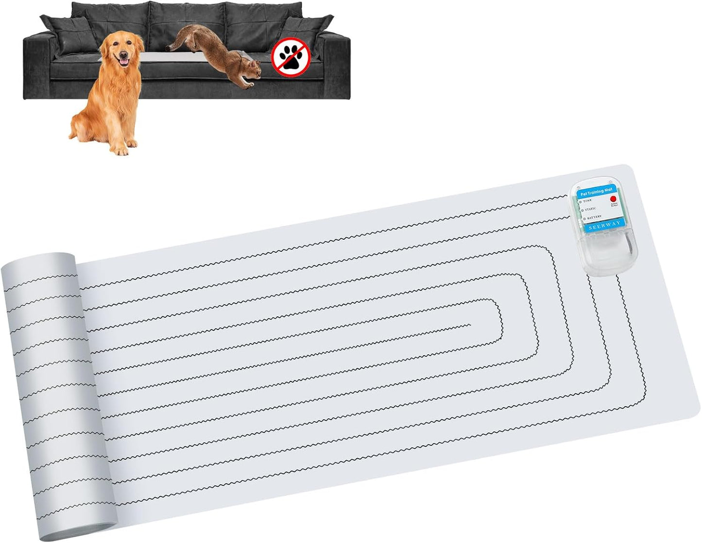 SEERWAY Scat Pet Shock Mat Indoor, Safe Shock Training Pads for Dogs and Cats, Electric Repellent Mat Keeps Pets Off Couch, Sofa, Counter Top, 3 Training Modes, 60"x12" Rectangular, Battery Operated