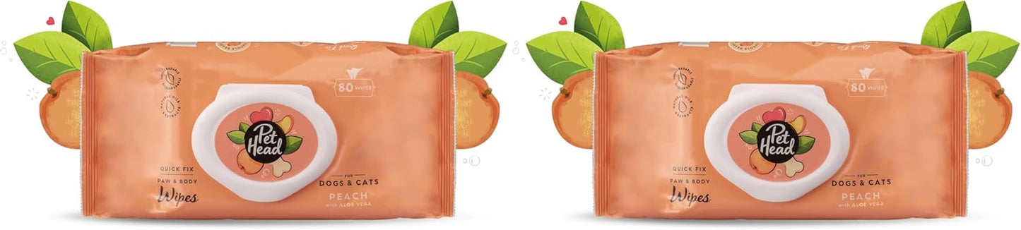 Pet Head Quick Fix Paw and Body Wipes for Cats and Dogs | Peach Scent with Aloe Vera | Biodegradable Pet Hygiene Cleaning Wipes | pH-Neutral | Vegan | for an Easy & Speedy Freshen-Up | 160 Pack