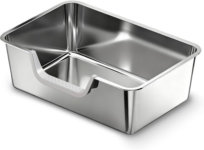 Stainless Steel Litter Box with High Sides,23.6" L X 15.7" W X 7.8" H,Extra Large Jumbo Cat Litter Box,XL Kitty Metal Liter Box for Indoor Big Cat,Non-Sticky,Anti-Leakage(Entry on Long Side)