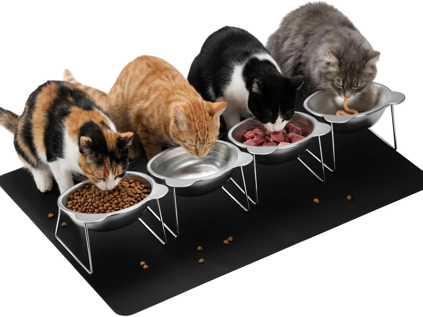 4 Set Elevated Cat Food Water Bowls 15°Tilted Stand Anti Vomiting Raised Dishes with Food Silicone Mat Stainless Steel Whiskers Friendly Cat Bowls for Multiple Cats and Puppy