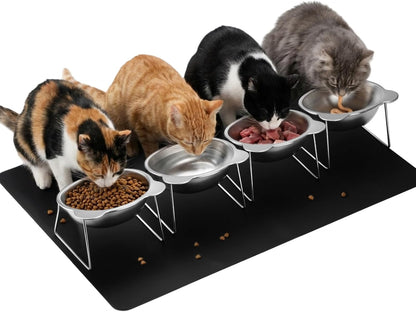 4 Set Elevated Cat Food Water Bowls 15°Tilted Stand Anti Vomiting Raised Dishes with Food Silicone Mat Stainless Steel Whiskers Friendly Cat Bowls for Multiple Cats and Puppy