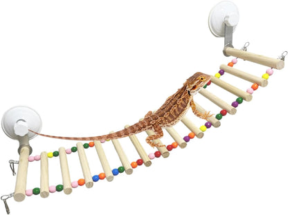 Bearded Dragon Tank Accessories, Wooden Ladder Hammock with Suction Cups for Terrarium, Habitat Climbing Accessories for Bearded Dragon, Gecko, Snake and Other Small Reptile