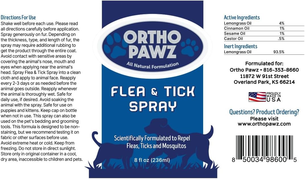 Flea & Tick Spray 8oz – All-Natural Citrus Oil Formula – Safe for Dogs, Cats, Puppies & Kittens – Protects Against Fleas, Ticks, Mosquitoes & Mites – Made in USA