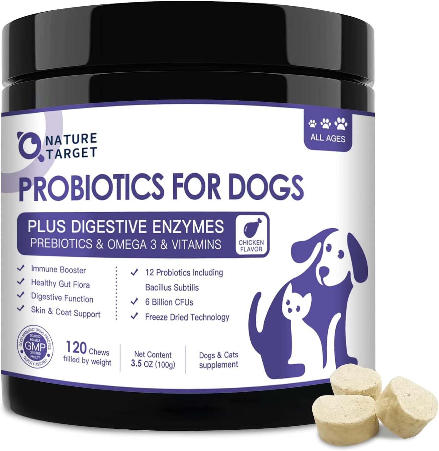 NATURE TARGET Probiotics for Dogs, 120 Freeze Dried Bites Bundle with 120 Soft Chews