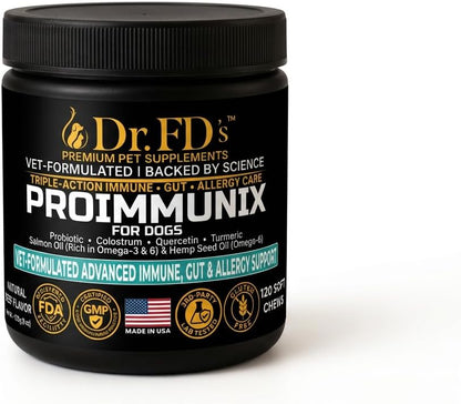 Dr. FD’s ProImmunix – Immune & Allergy Support for Dogs | Probiotic + Colostrum for Gut Health, Seasonal Itch & Skin Comfort | Natural Beef Flavor | 120 Soft Chews