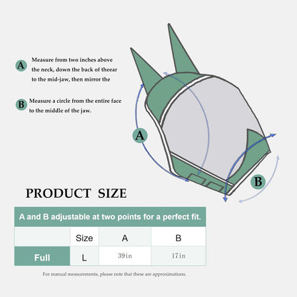 Fly Masks for Horses with Ears and NO Nose Cover - Comfortable Horse Fly mask with Ears for UV Protection & Sun Shield – Soft Lightweight- Breathable Horse mask (Green, (Full) Large)NO nose