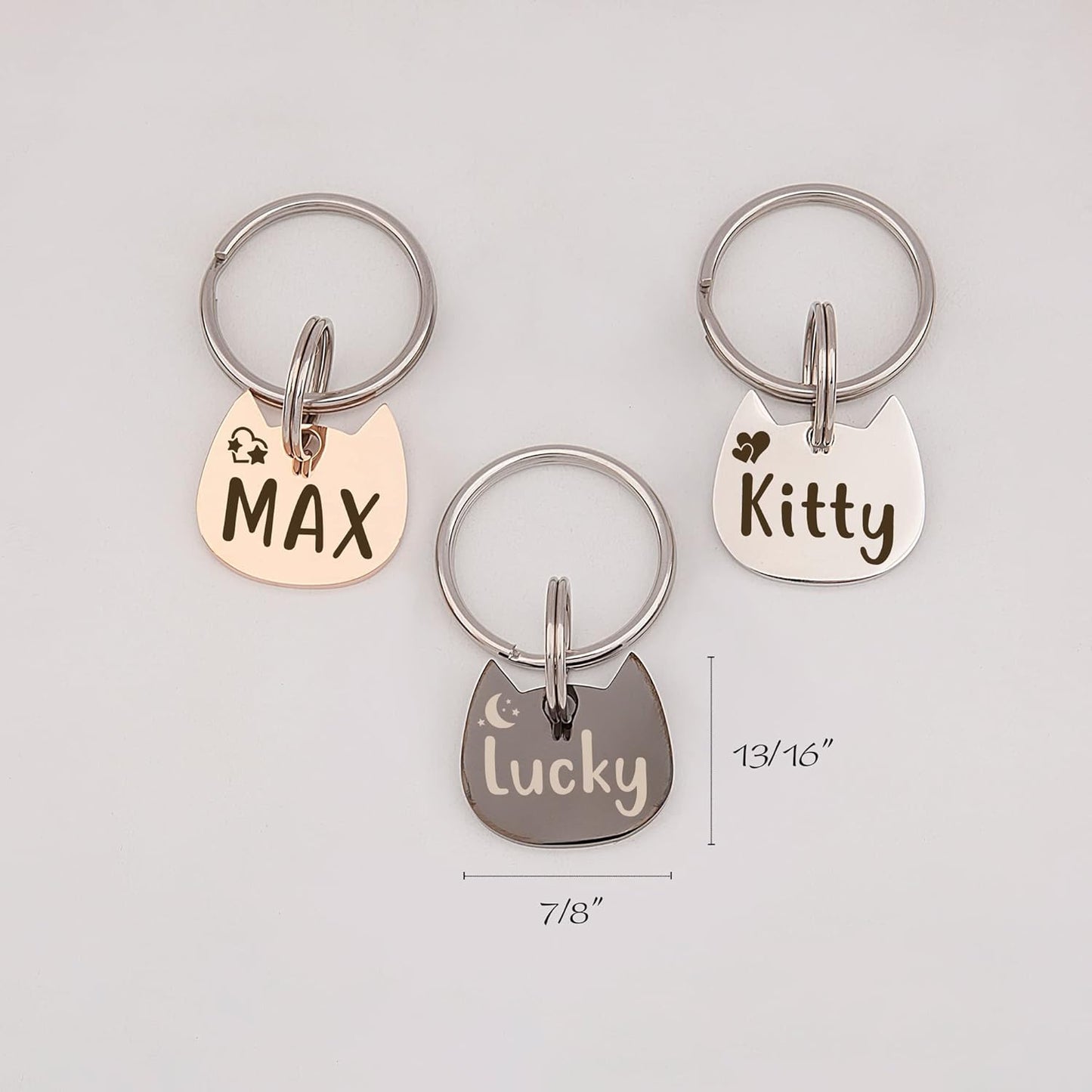 Anavia Cat Head & Fish Shape Pet ID Tags, Personalized Funny Icon Design Cat Name Tag, Customized Gold Plated Glossy Stainless Steel Black Rainbow Cat Dog Collar Tag (Small, Cat Head Shape, Silver)