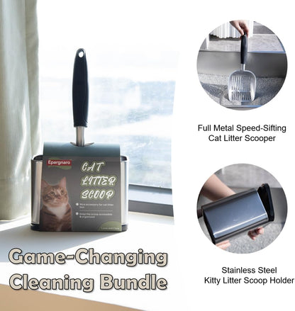 Heavy Duty Cat Litter Scoop with Holder - All Metal Cat Litter Scooper with Stainless Steel Holder - Speed Sifter Litter Box Scooper Captures All Clumps