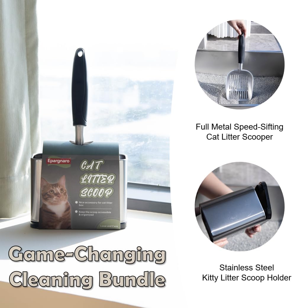 Heavy Duty Cat Litter Scoop with Holder - All Metal Cat Litter Scooper with Stainless Steel Holder - Speed Sifter Litter Box Scooper Captures All Clumps
