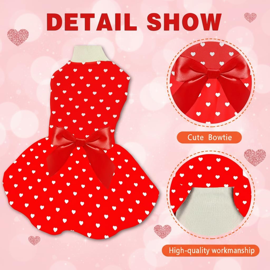 Valentine's Day Red Dog Dress, Cute White Heart Print & Satin Bow for Small Puppies, Pet Costume Party Outfit