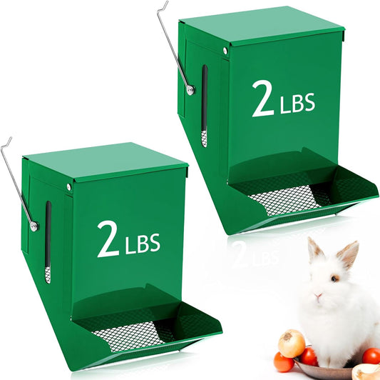 Maxcheck 2 Pcs Rabbit Feeder for Cages Small Animal Food Dispenser with Lid Metal Chicken Grit Oyster Shell Feeders Outside (4.7 Inches,Viewing Window,Green)