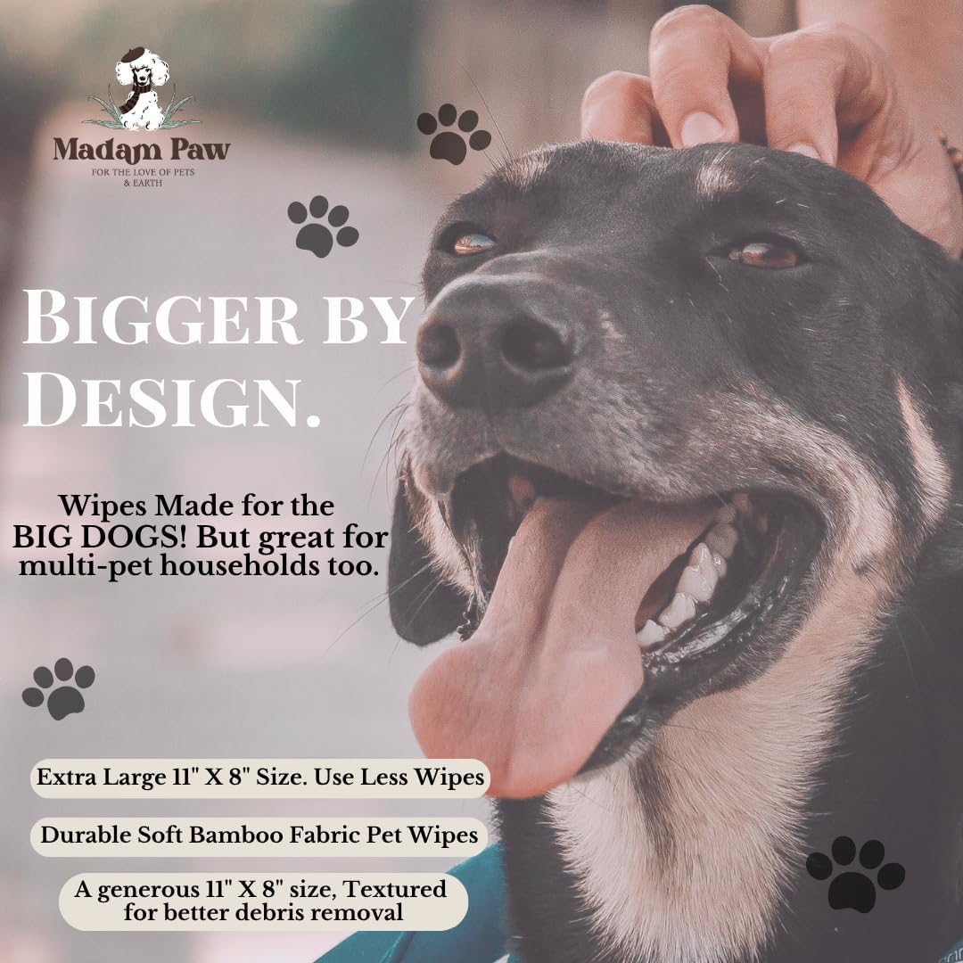 XL Organic Unscented Pet Wipes - Paws Body Butt - Plant Based Bamboo Pet Wipes - Thick Hypoallergenic & Textured for Cleansing & Gentle Hydrating Cat & Puppy Dog Wipes for Travel