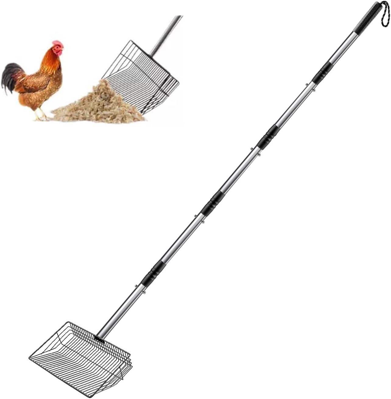 9.9 inch Sturdy Chicken Poop Scooper & Rake, 5 in 1 Adjustable Chicken Coop Pooper Shovel (36.2"-70" Long), Sifting Litter Shovel Scoop for Goat Stall/Stable Cleaning (Chicken Poop Scooper)