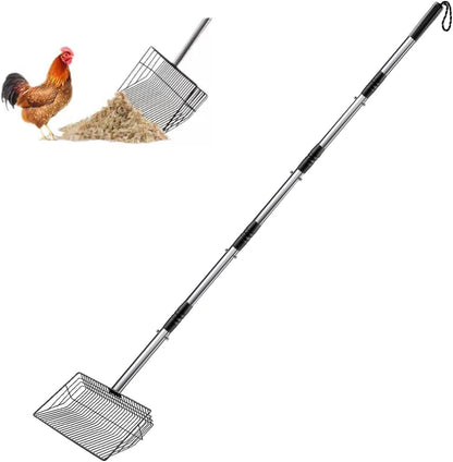 9.9 inch Sturdy Chicken Poop Scooper & Rake, 5 in 1 Adjustable Chicken Coop Pooper Shovel (36.2"-70" Long), Sifting Litter Shovel Scoop for Goat Stall/Stable Cleaning (Chicken Poop Scooper)