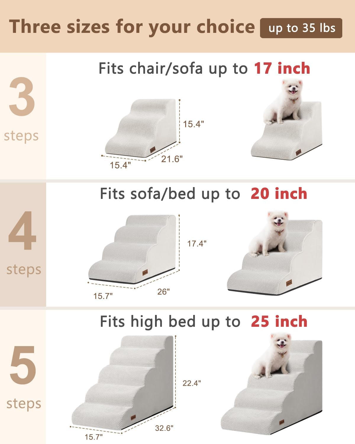 Dog Stairs for Small Dogs,3 Step Dog Ramp for Couch and Bed,Pet Stairs with Non-Slip Bottom for Old Cats,Indoor Pet Steps,Comfort,Durable,15.4" H,Light Grey