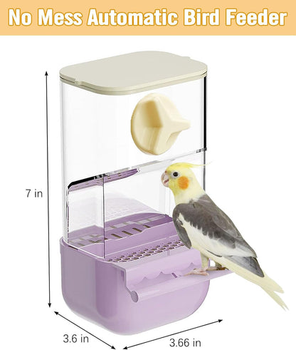 BNOSDM Wooden Bird Tunnel Parrot Swing Toys Natural Hanging Nest and BNOSDM No Mess Bird Cage Feeders Automatic Feeder for Fincheses, Parakeets, Budgies, Lovebirds, Cockatoos, Canaries (Purple)