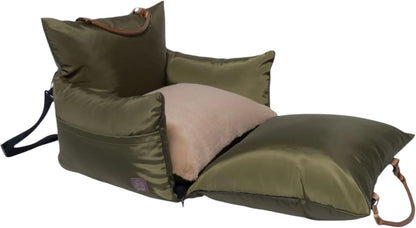 4 Cats & Dogs Marco Travel Pet Bed – Dog Car Seat for Small & Medium Dogs, Waterproof, Faux Fur Cushion, Safety Belt, Washable Cover, Storage Pockets, Booster Seat (Army, Single Seater 18.5" x 21")