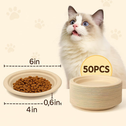 50pcs 6 Inch Disposable Cat Food Bowls Made of Eco-Friendly Wheat Straw, Ideal for Travel, Camping & Hotel Feeding, Perfect for Outdoor Use and Feral Cat Feeding (Pack)