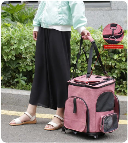 Falytemow Pet Carrier Backpack with Wheel and Fan for Small Dogs and Cats Under 22lb Collapsible Breathable System Waterproof Cat Bag for Hiking Camping Travel