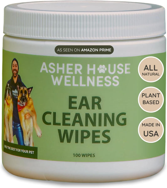 ASHER HOUSE WELLNESS Pet Ear Cleaning Wipes - Dog & Cat Plant-Based Ears Cleaner, Remove Wax & Dirt, Relieve Itch, Prevent Odor & Infection - Gentle for Pets Dogs Cats Over 12 Weeks, Made in USA