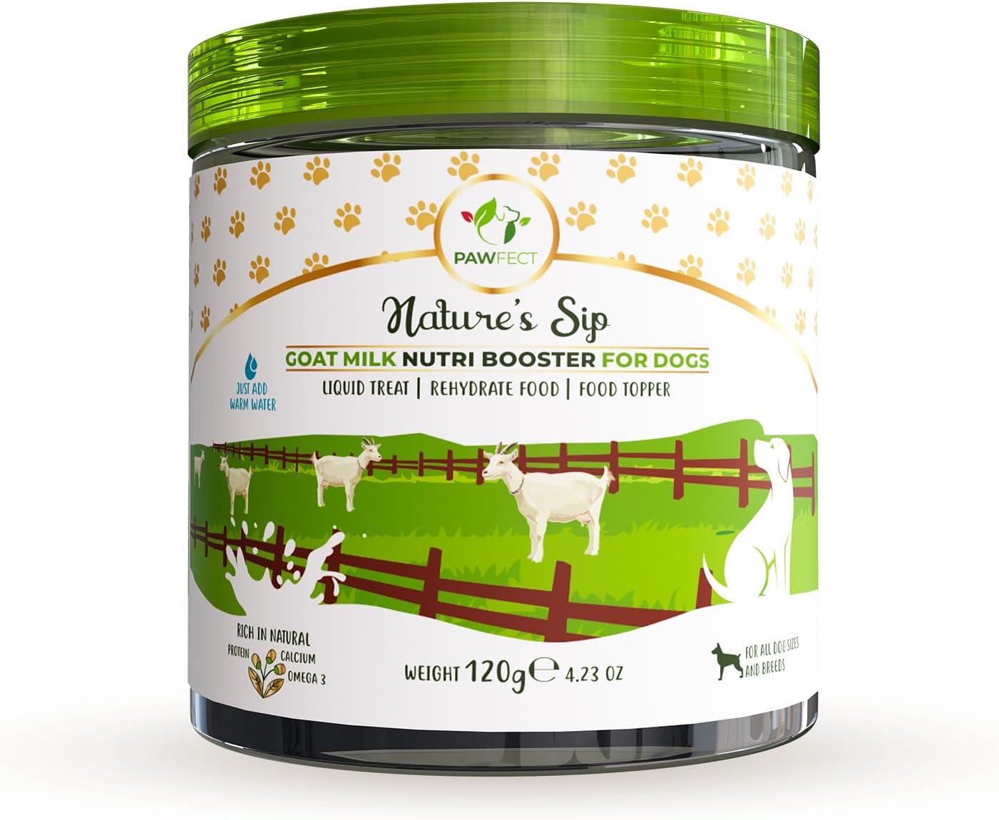 Pawfect Nature's Sip 100% Natural Goat Milk Powder for Dogs & Puppies| Easily Digestible| Source of Vitamins, Minerals, Probiotics| Healthy Topper| Hydration Support| 24 Scoops| (120g/4.23oz)