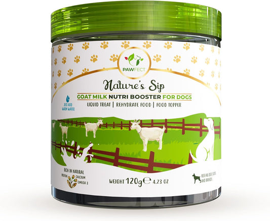 Pawfect Nature's Sip 100% Natural Goat Milk Powder for Dogs & Puppies| Easily Digestible| Source of Vitamins, Minerals, Probiotics| Healthy Topper| Hydration Support| 24 Scoops| (120g/4.23oz)
