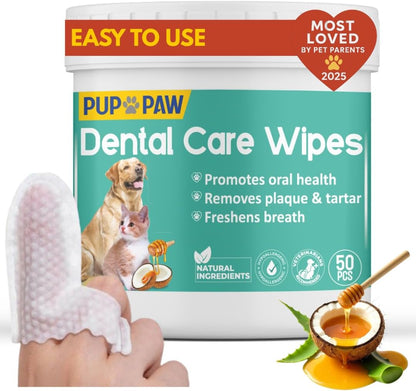 Premium Dog Teeth Cleaning Wipes - All Natural dog Toothbrush & Tooth Brushing Kit - Pet Dental Finger Wipes for cats & dogs - Freshens Breath, Reduces Tartar & Plaque - All in one finger wipes (50)
