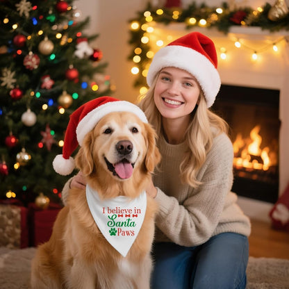 I Believe in Santa Paws White Dog Bandana, Christmas Birthday Gifts for Dog Owner Lover, Cute Puppy Scarf Photo Shoot for Holiday Party, Christmas Costume for Festive Celebration