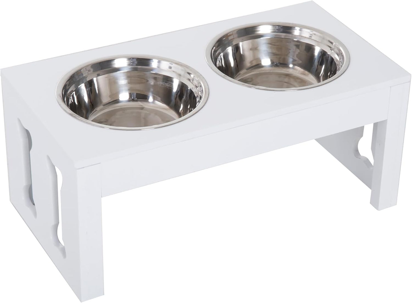 GREAZ 23" Modern Decorative Dog Bone Wooden Elevated Pet Food Bowl Feeding Station, White