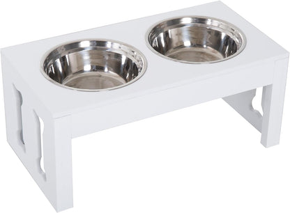 GREAZ 23" Modern Decorative Dog Bone Wooden Elevated Pet Food Bowl Feeding Station, White