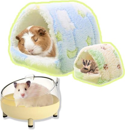 Meow&Woof 2 Pack Cozy Small Animal Beds with Hock, Winter Guinea Pig House, Hamster Sand Bath Container, Large Sandbox Toilet Gerbil Batheoom, Tiny Chinchilla Dust Bathtub Sand Bath Box for Hamster Ca